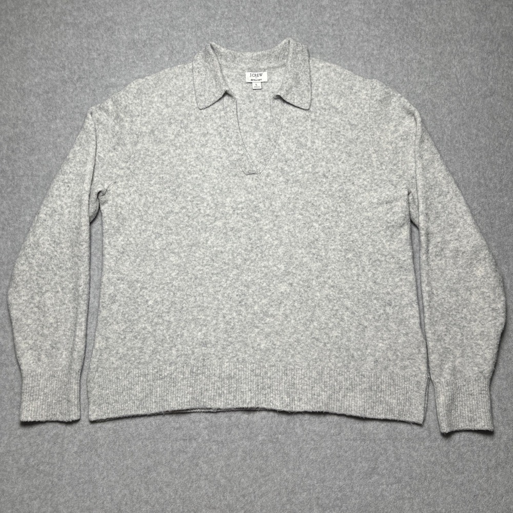 J Crew Johnny Collar Polo Extra Soft Wool Blend Grey Sweater Women's Large